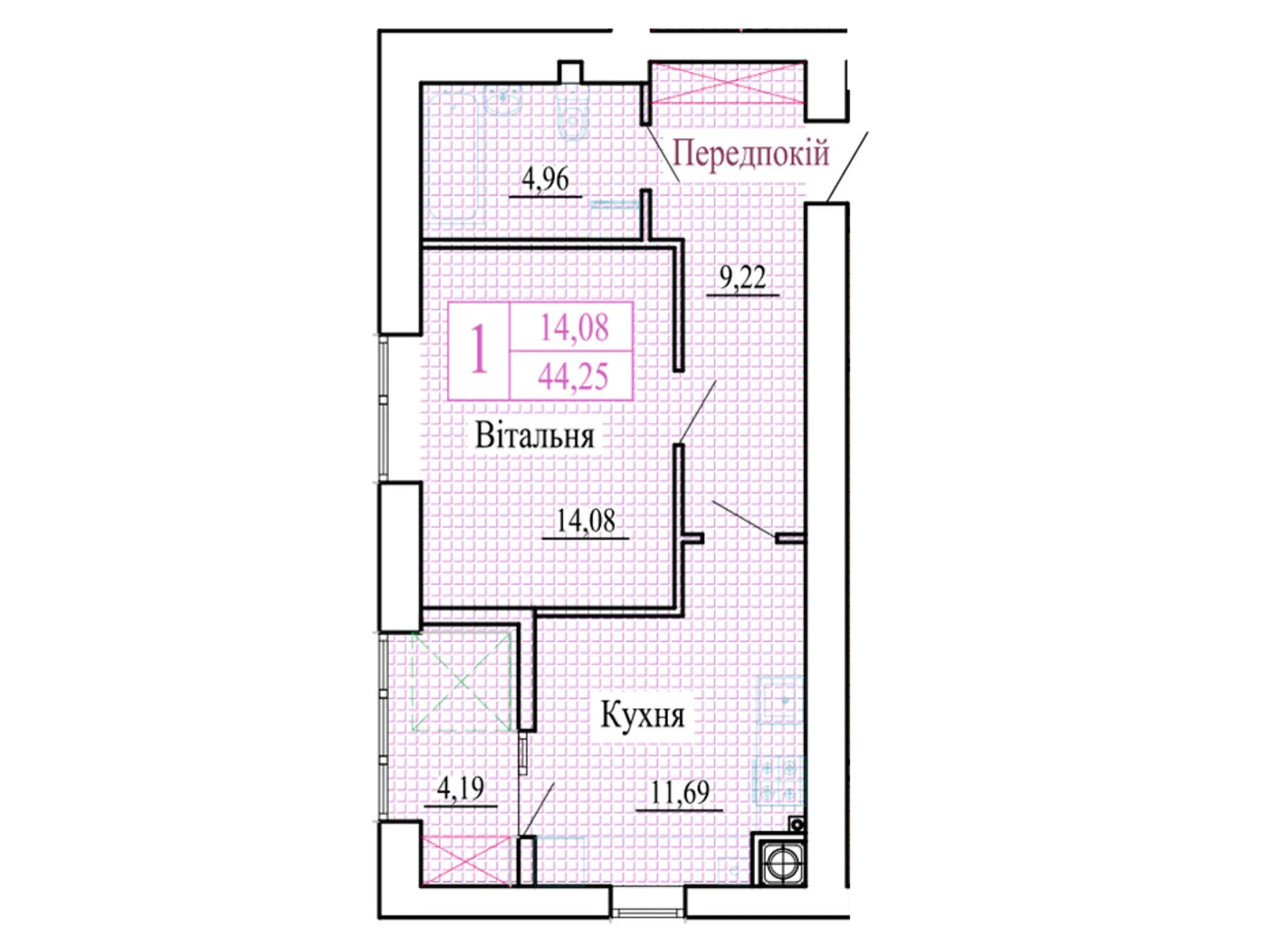 1-комнатная квартира 44.25 кв. м в Луцке, цена: 37660 $