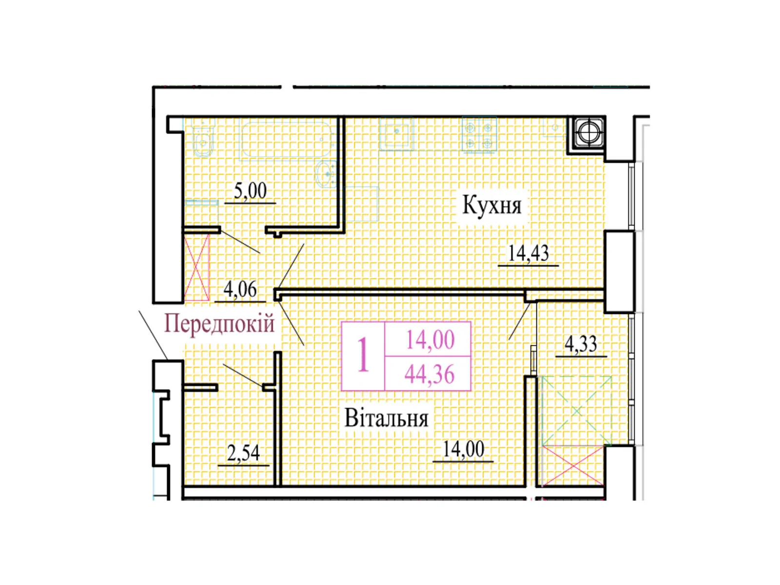 1-комнатная квартира 44.36 кв. м в Луцке, цена: 35488 $