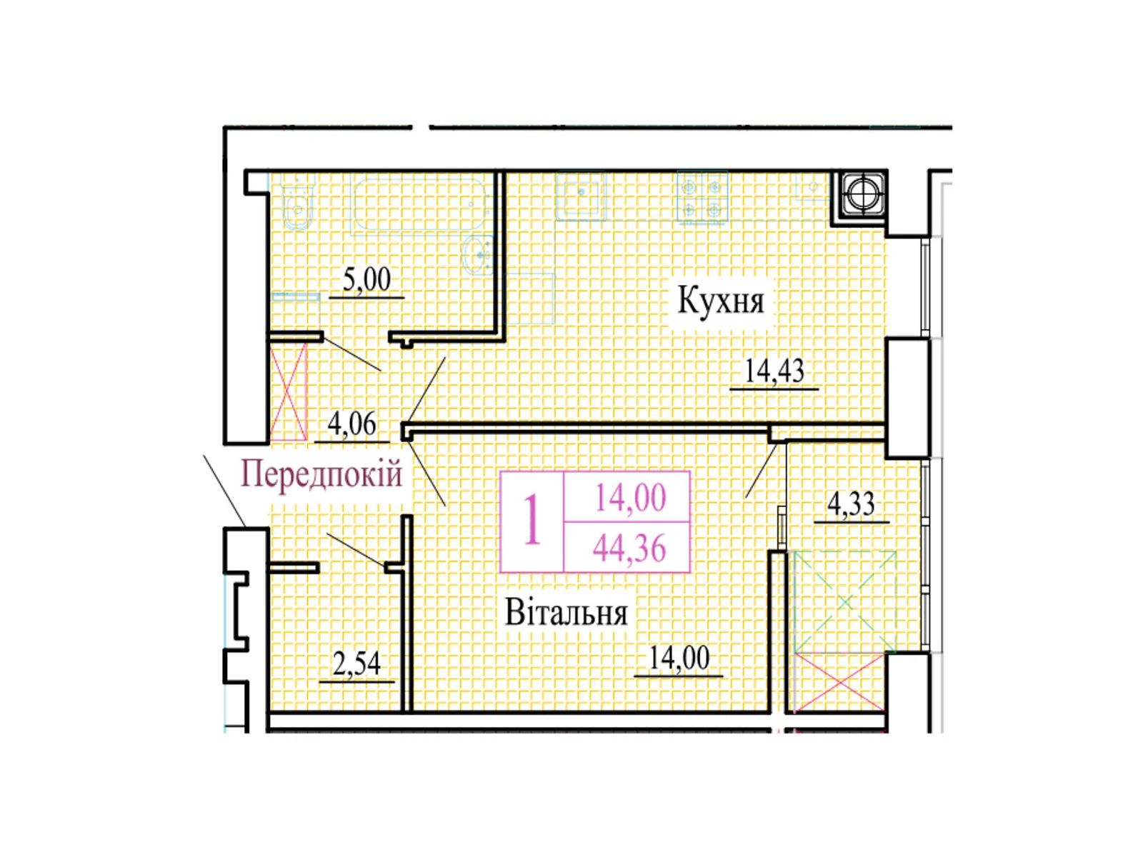 1-кімнатна квартира 44.36 кв. м у Луцьку, вул. Християнська, 42