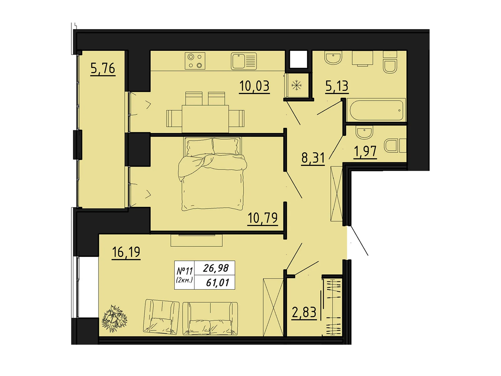 2-комнатная квартира 61.01 кв. м в Тернополе, ул. Микулинецкая, 116