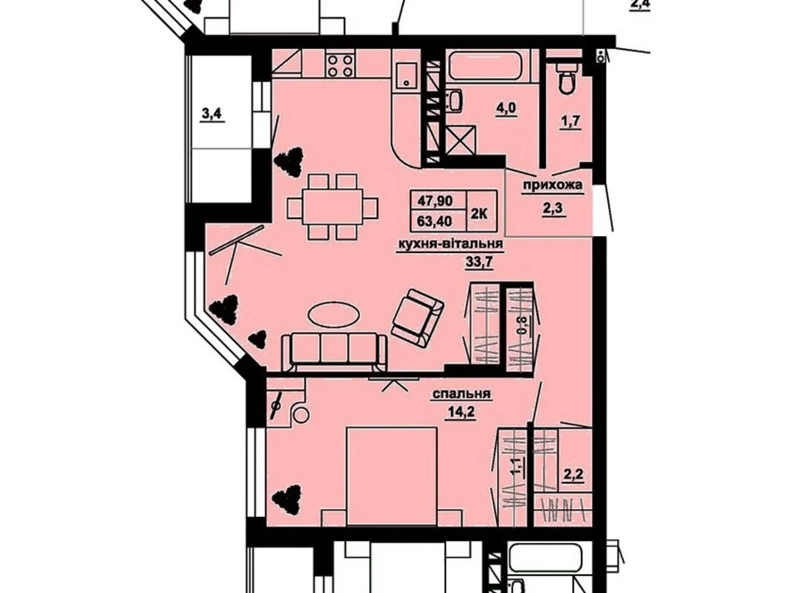 2-кімнатна квартира 63.4 кв. м у Тернополі, цена: 49135 $