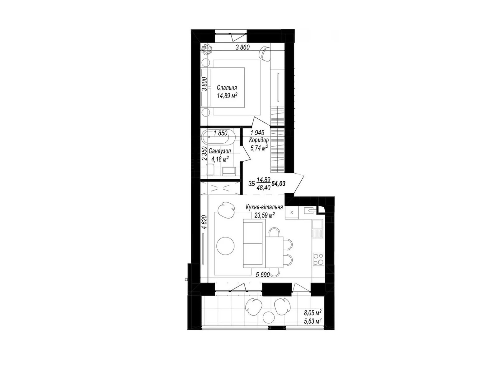 Продается 1-комнатная квартира 54.03 кв. м в Хмельницком, 1-я ул. Отрадная, мкрн Отрад - фото 1