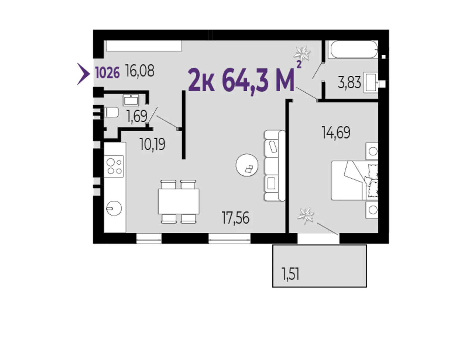 Продается 2-комнатная квартира 64.3 кв. м в Криховцы, цена: 55298 $