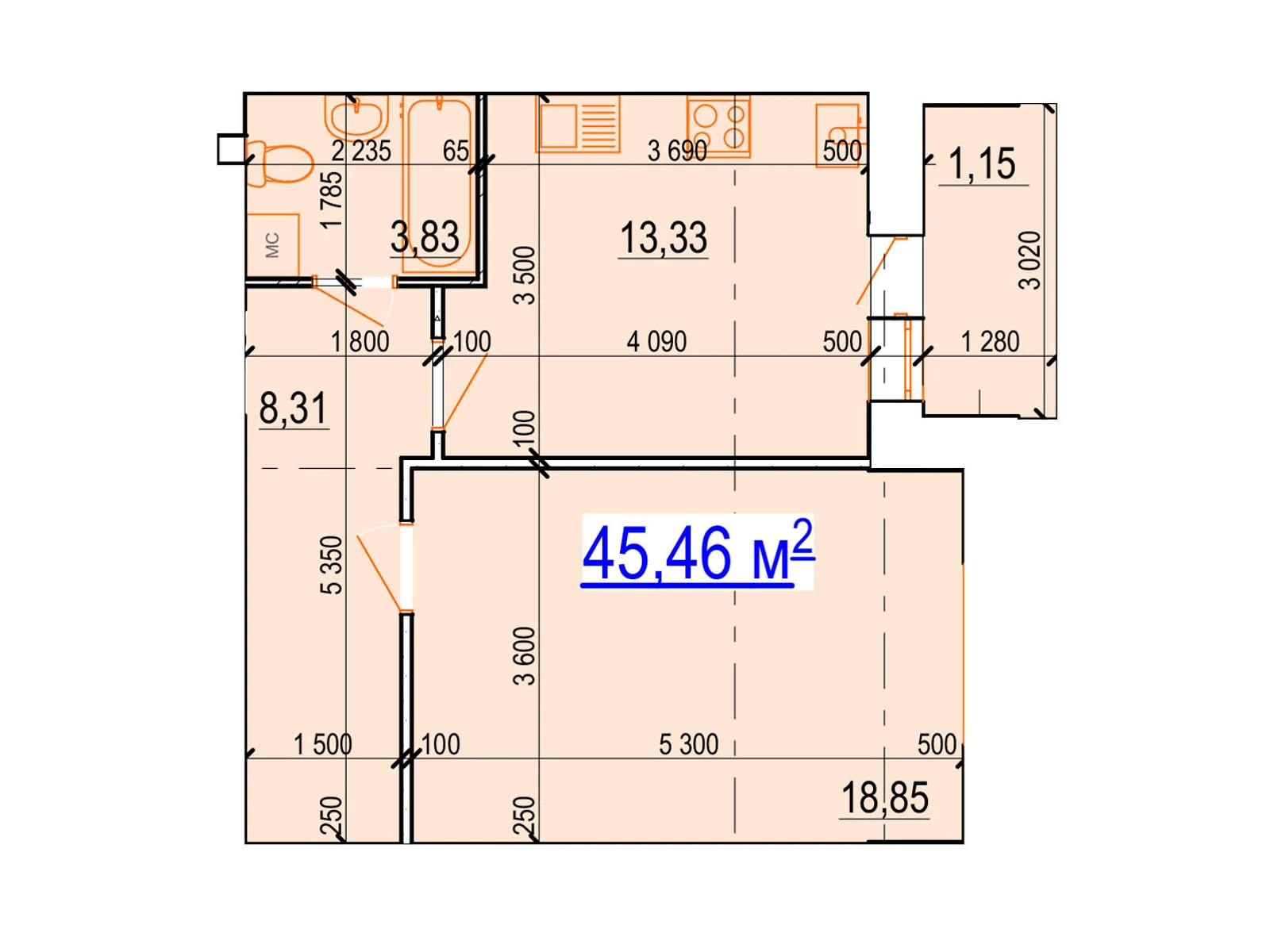 Продается 1-комнатная квартира 45.46 кв. м в Виннице