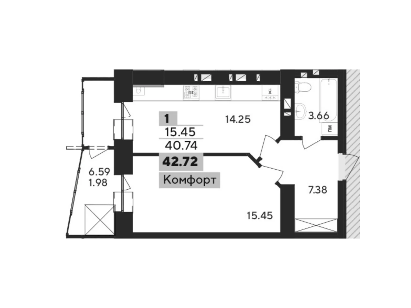 Продается 1-комнатная квартира 44.59 кв. м в Хмельницком, пер. Панаса Мирного, 9/1