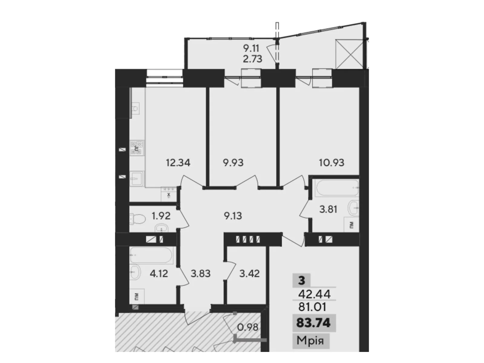 Продається 3-кімнатна квартира 83.74 кв. м у Хмельницькому