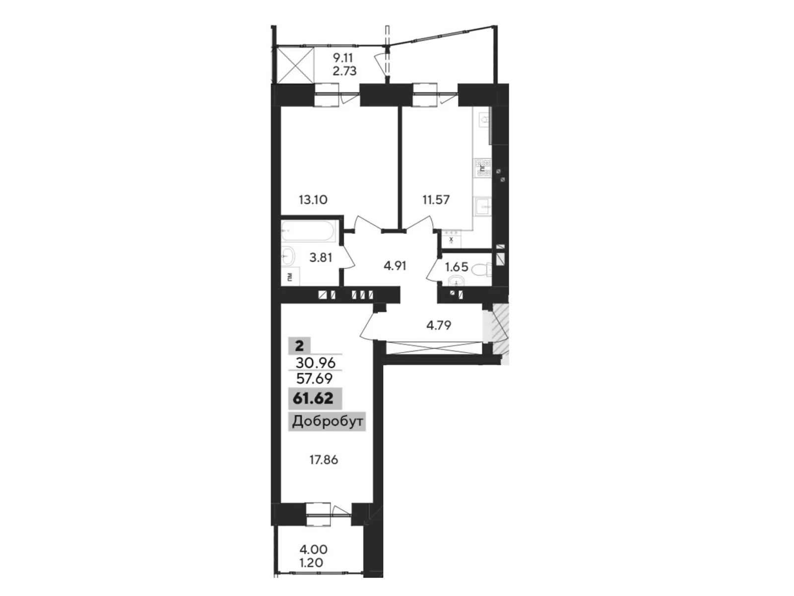 Продается 2-комнатная квартира 61.62 кв. м в Хмельницком, цена: 54027 $ - фото 1