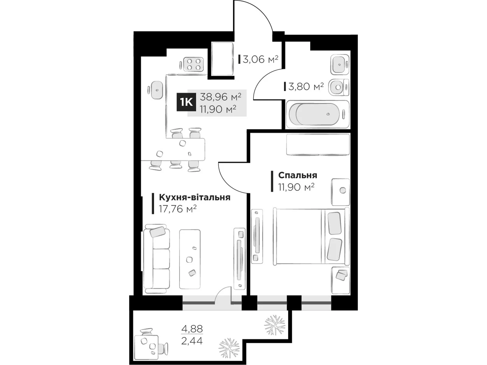 Продається 1-кімнатна квартира 38.96 кв. м у Винниках, вул. Галицька - фото 1