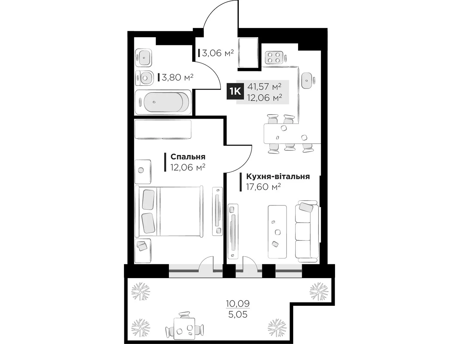 Продается 1-комнатная квартира 41.57 кв. м в Винниках, ул. Галицкая