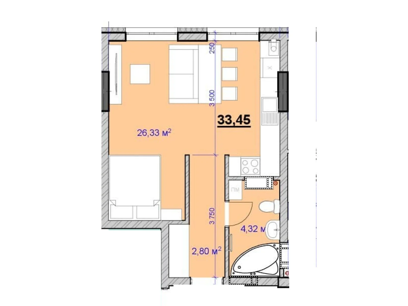 Продается 1-комнатная квартира 33 кв. м в Ивано-Франковске