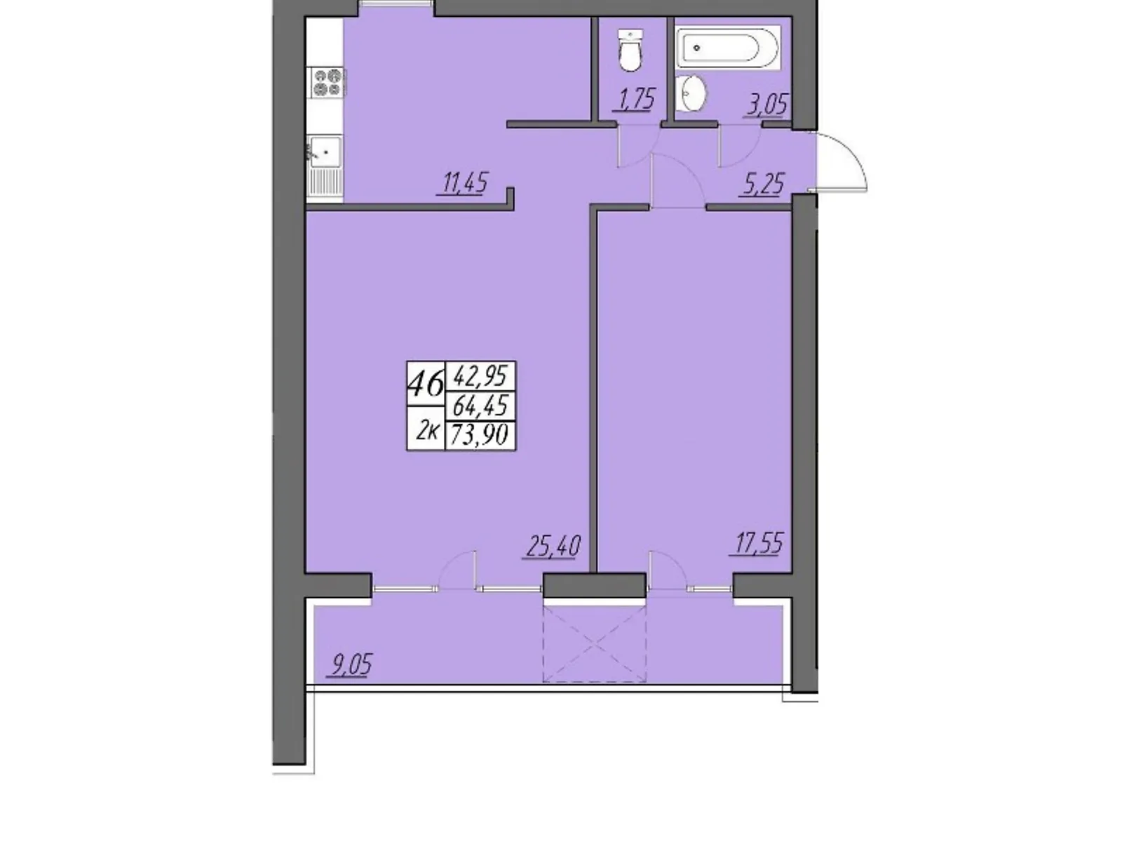 2-комнатная квартира 73.9 кв. м в Тернополе, ул. Солнечная