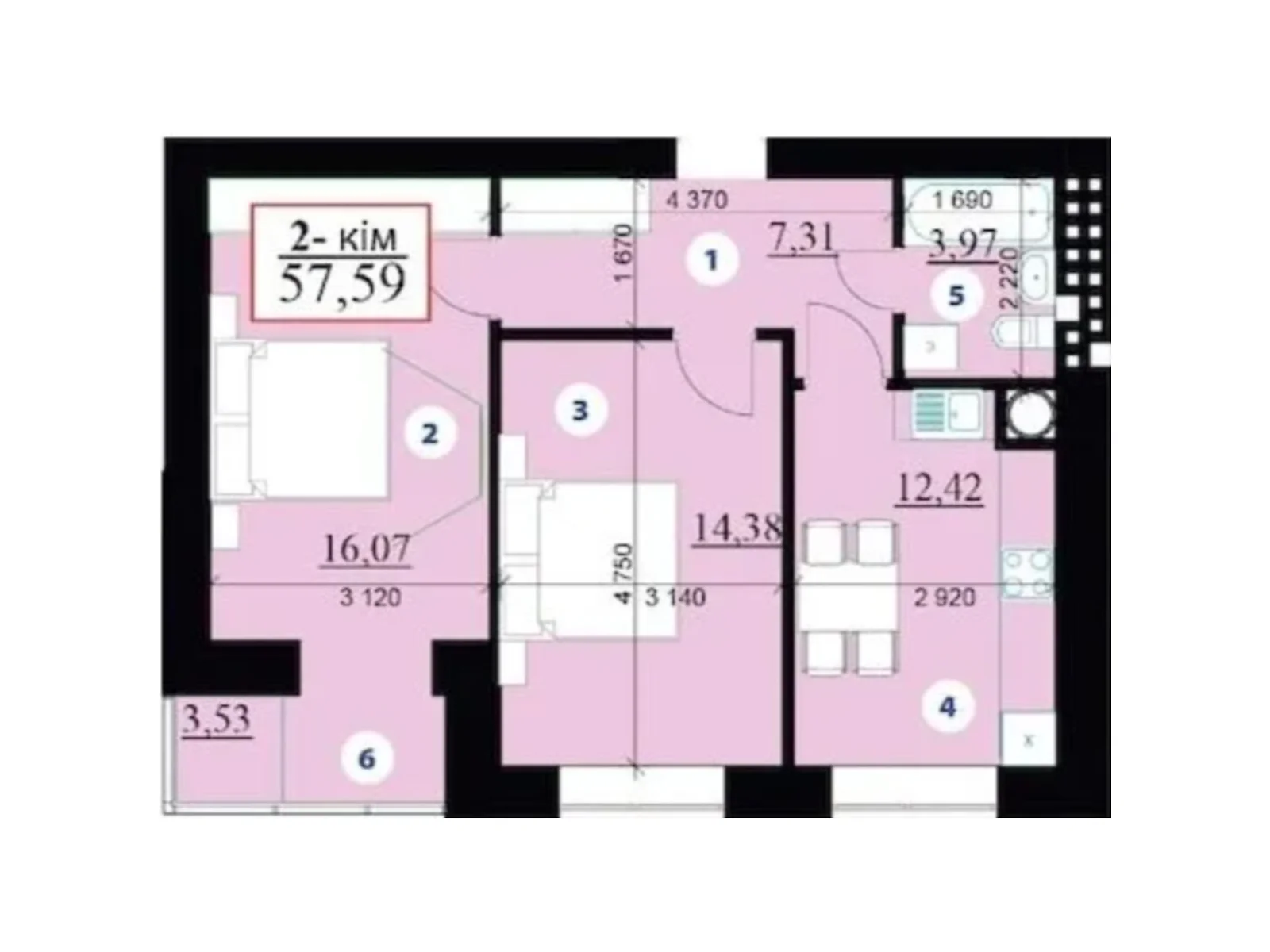 Продается 2-комнатная квартира 57.59 кв. м в Ивано-Франковске, ул. Гетьмана Ивана Мазепы, 168