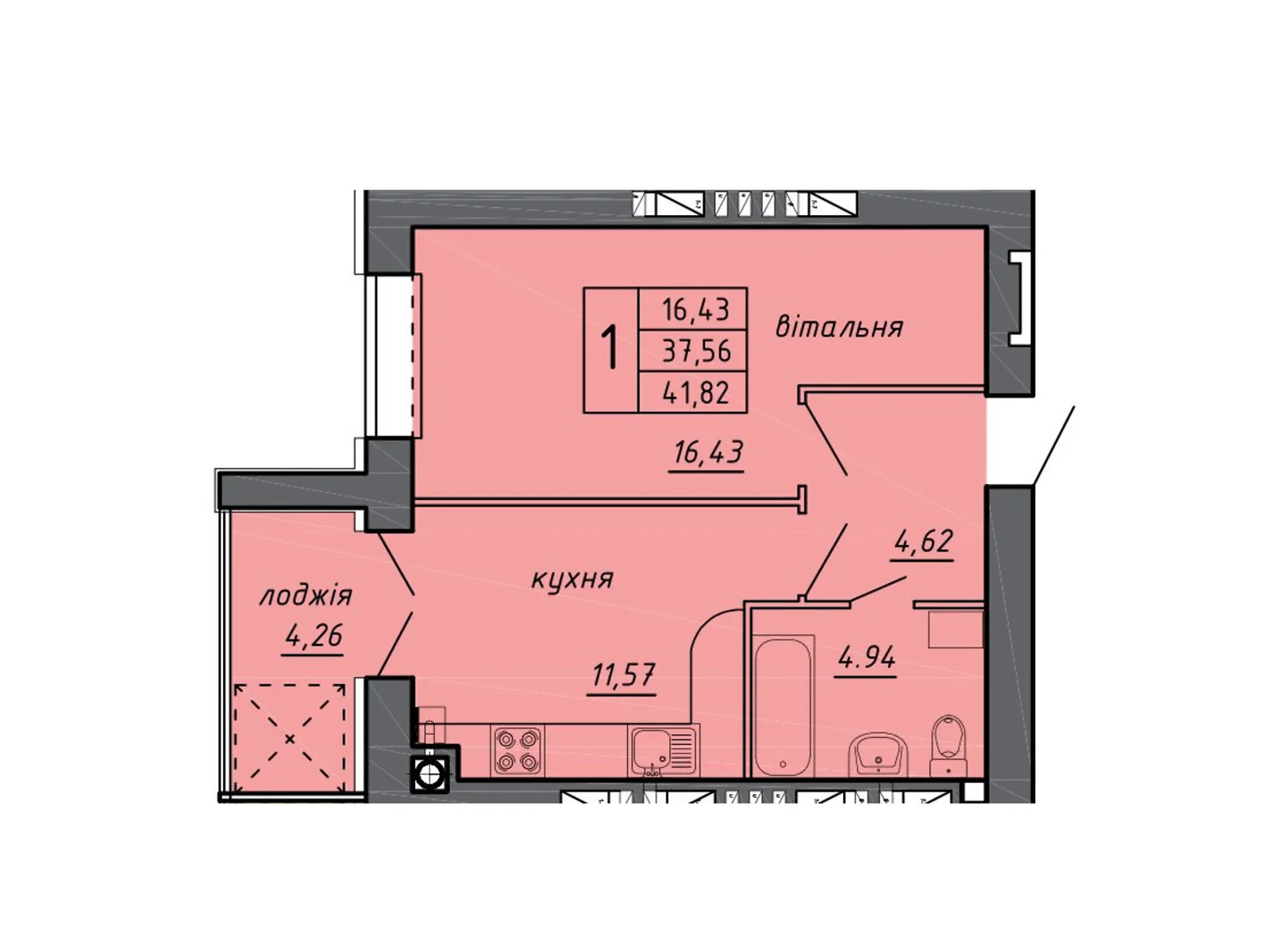 Продається 1-кімнатна квартира 41.82 кв. м у Байківці, цена: 21460 $