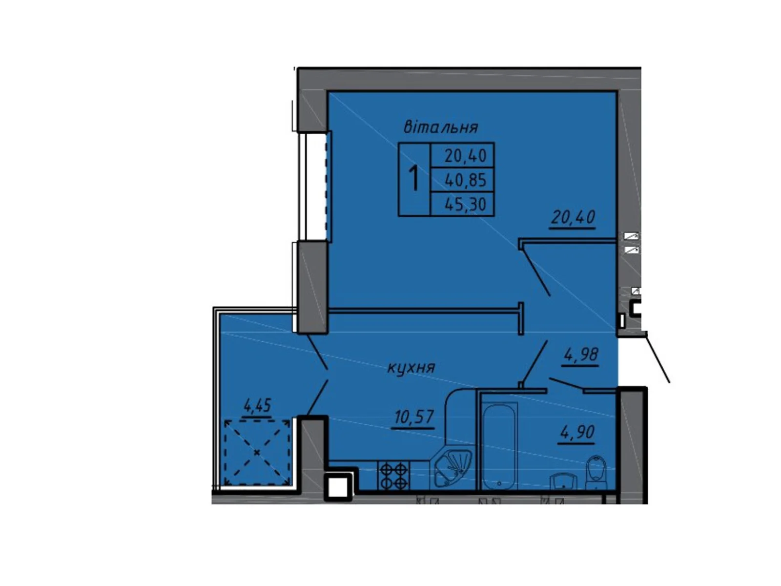 Продается 1-комнатная квартира 45.3 кв. м в Байковцах - фото 1