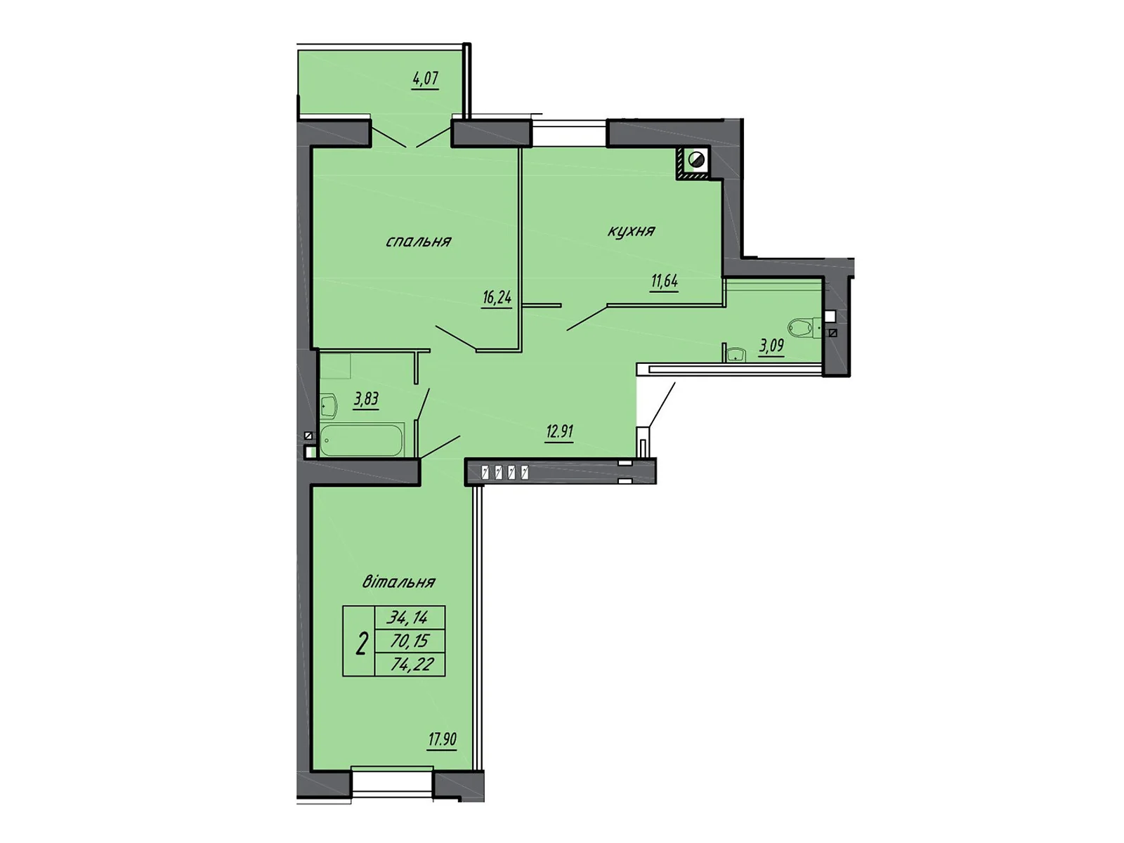 Продается 2-комнатная квартира 73.54 кв. м в Байковцах, цена: 37595 $