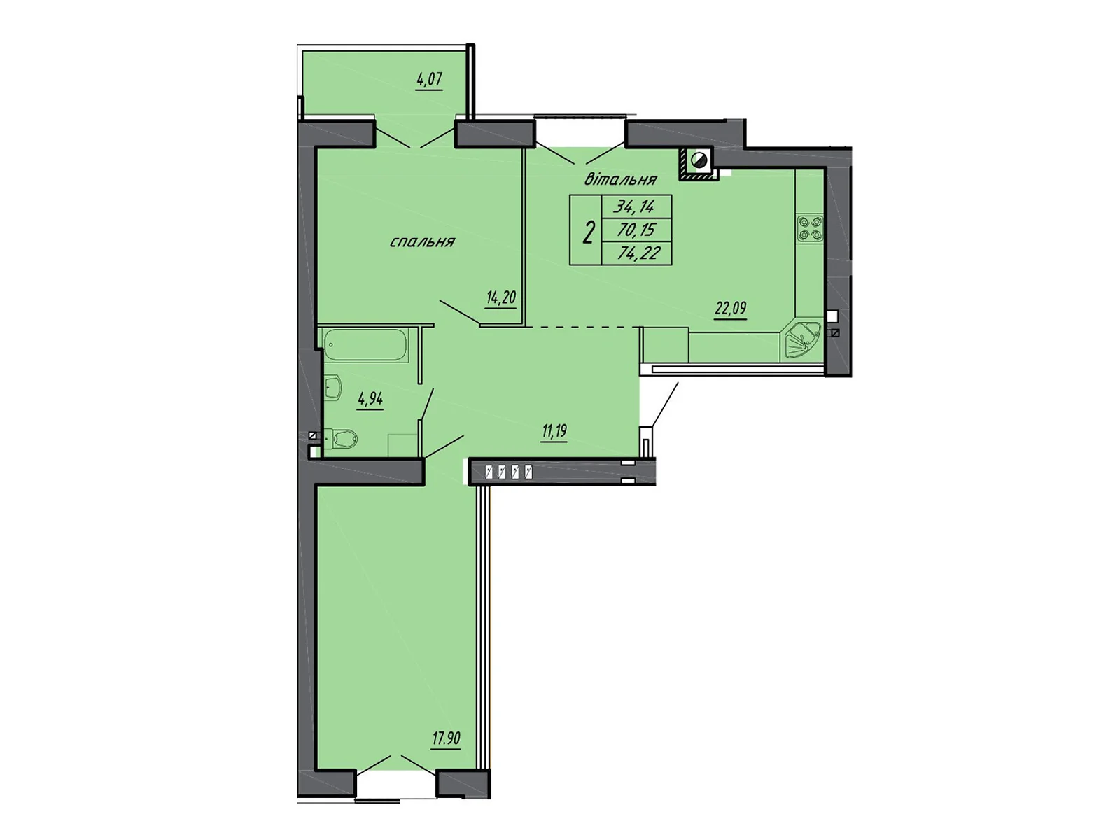 Продается 2-комнатная квартира 74.22 кв. м в Байковцах - фото 1