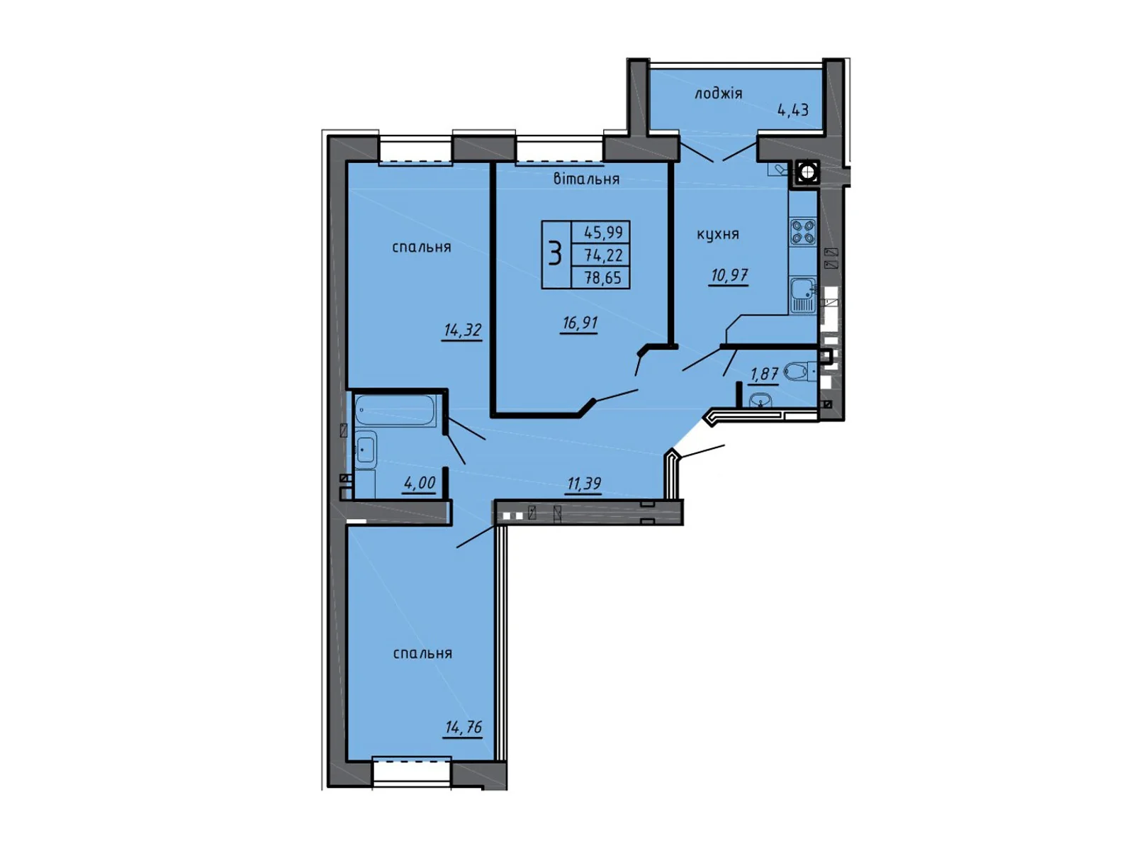 Продается 3-комнатная квартира 78.65 кв. м в Байковцах - фото 1