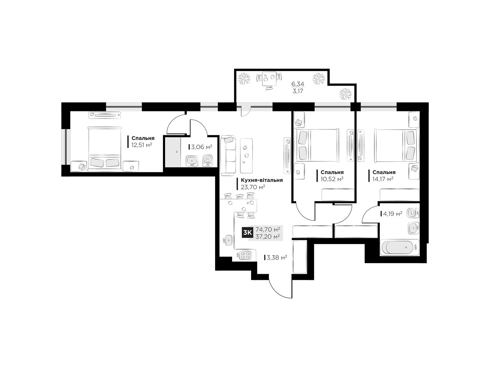 Продается 3-комнатная квартира 74.7 кв. м в Винниках, ул. Галицкая - фото 1