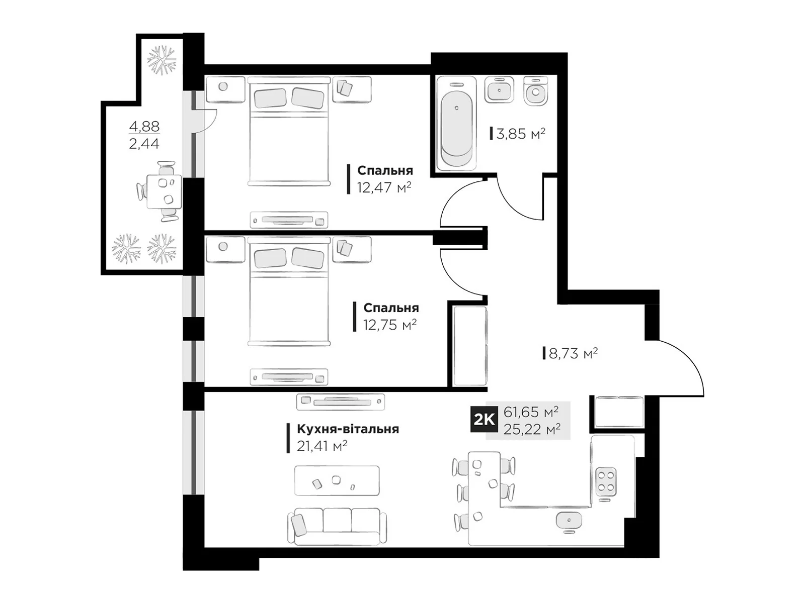 Продается 2-комнатная квартира 61.65 кв. м в Винниках, цена: 62876 $ - фото 1