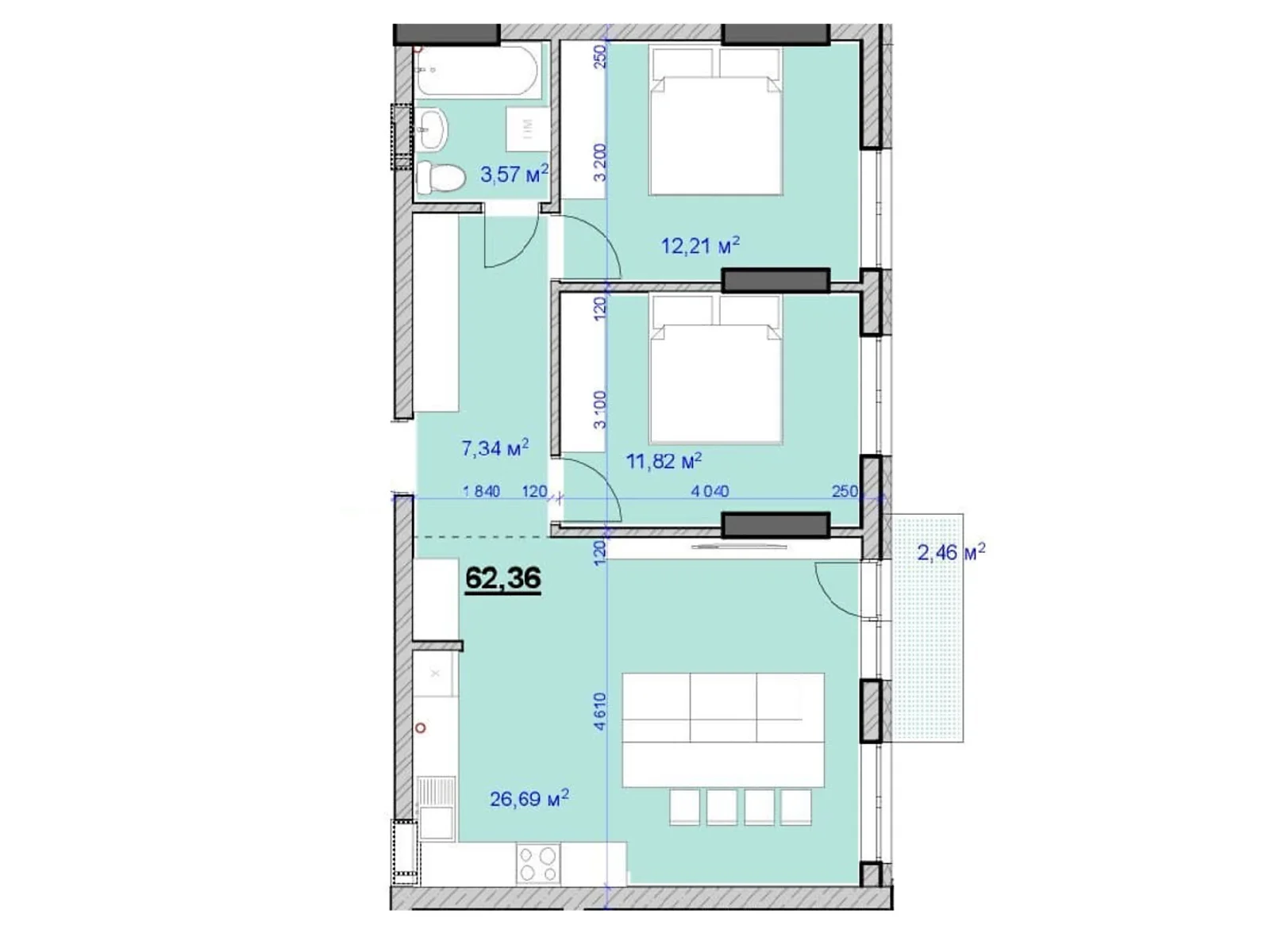 Продается 2-комнатная квартира 62.36 кв. м в Ивано-Франковске