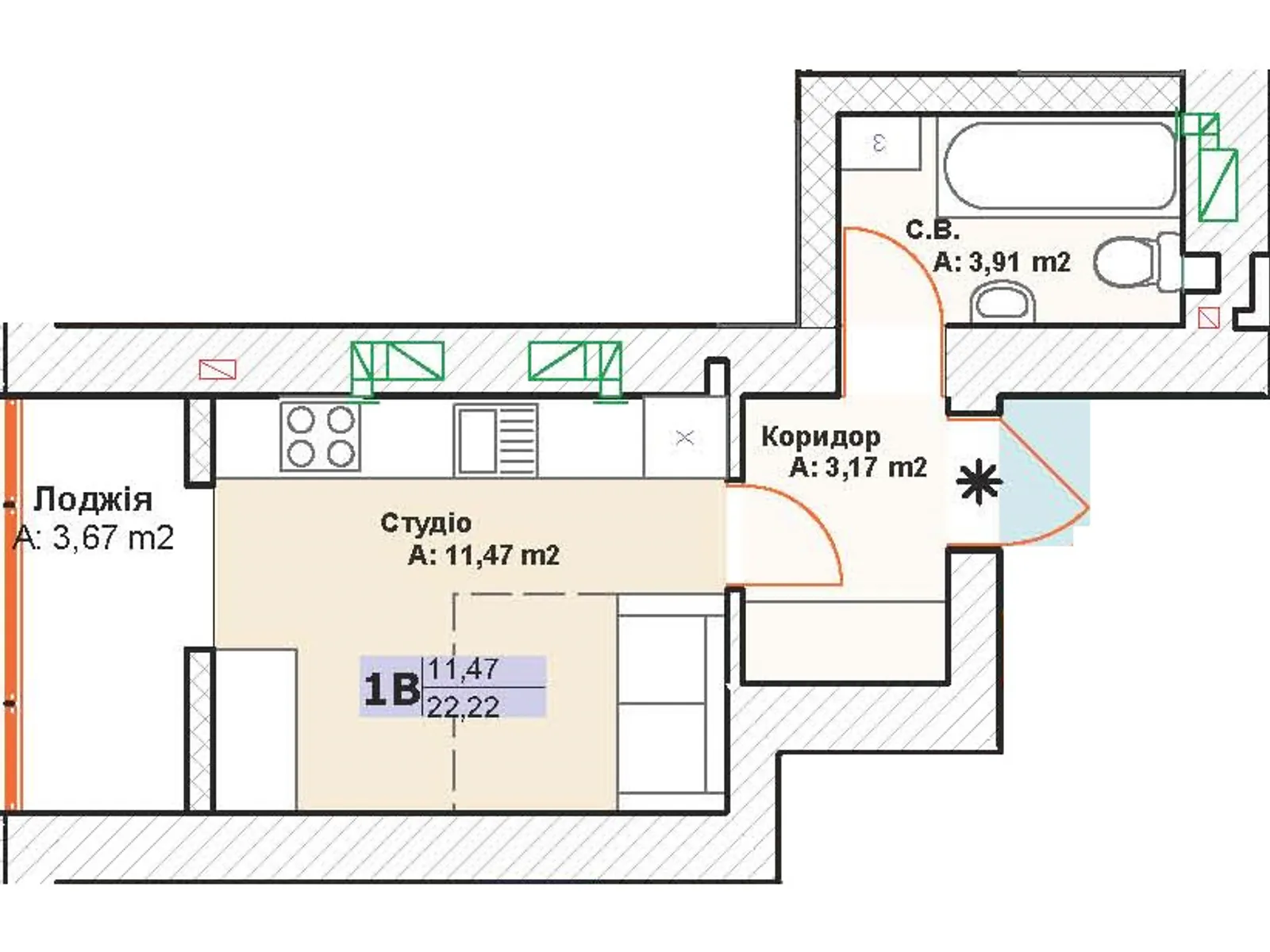 Продается 1-комнатная квартира 22.22 кв. м в Буче, бул. Леонида Бирюкова, 2