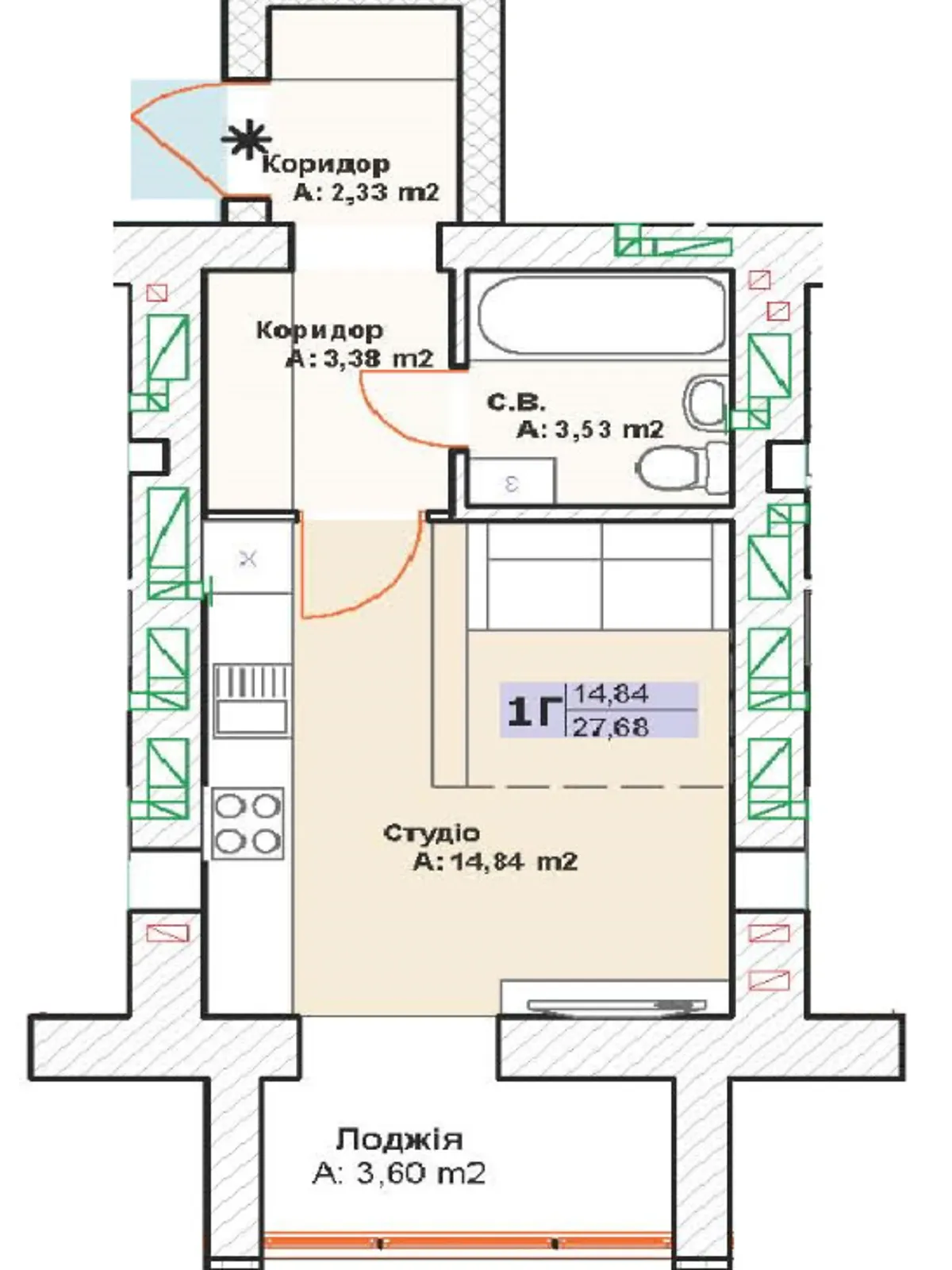 Продается 1-комнатная квартира 27.68 кв. м в Буче, бул. Леонида Бирюкова, 2