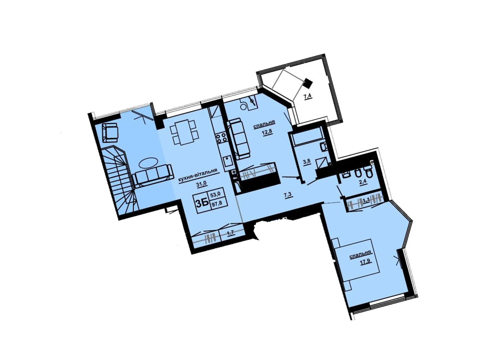 3-кімнатна квартира 97.8 кв. м у Тернополі