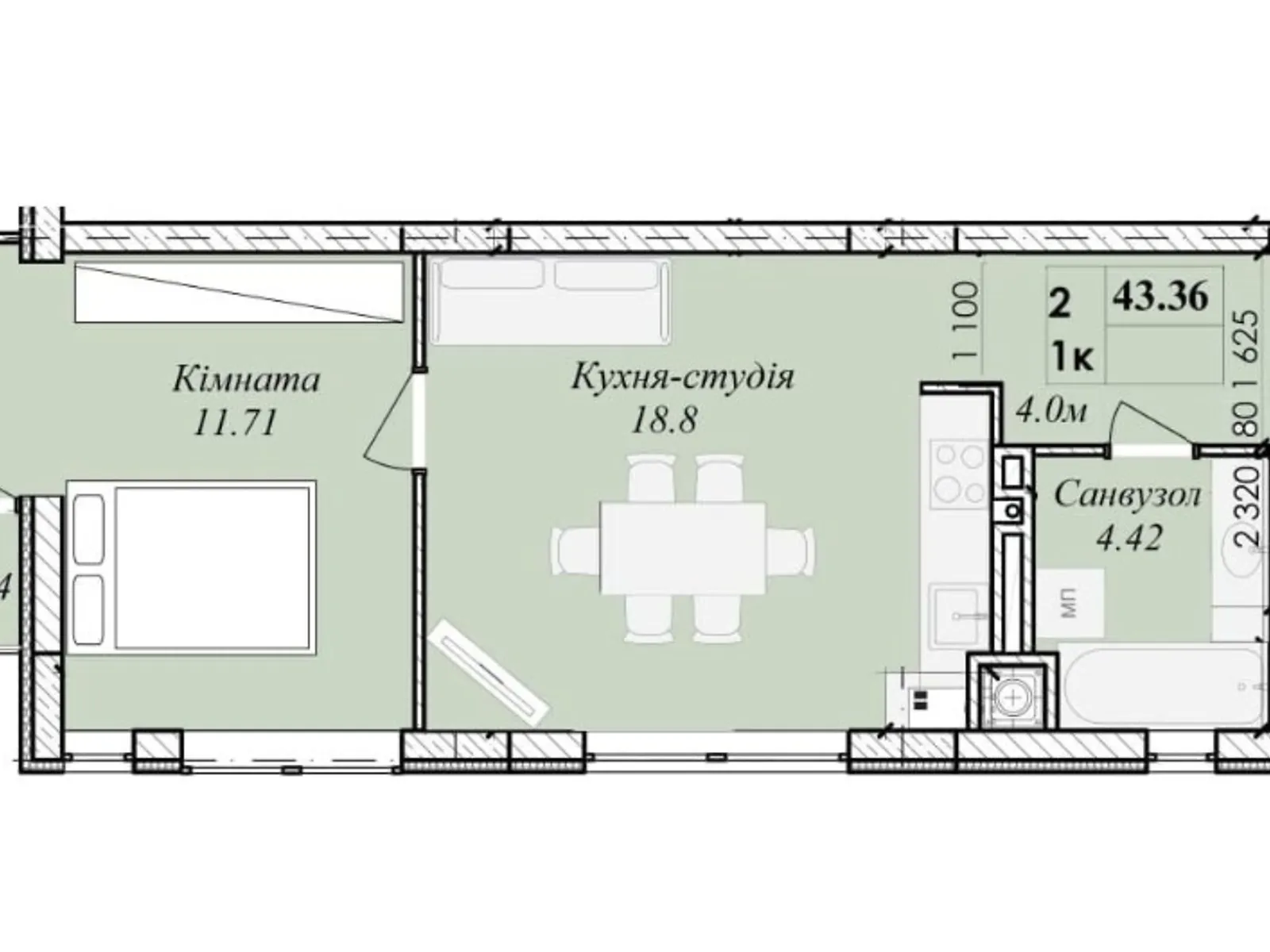 2-кімнатна квартира 43.17 кв. м у Тернополі, вул. Сахарова Андрія Академіка