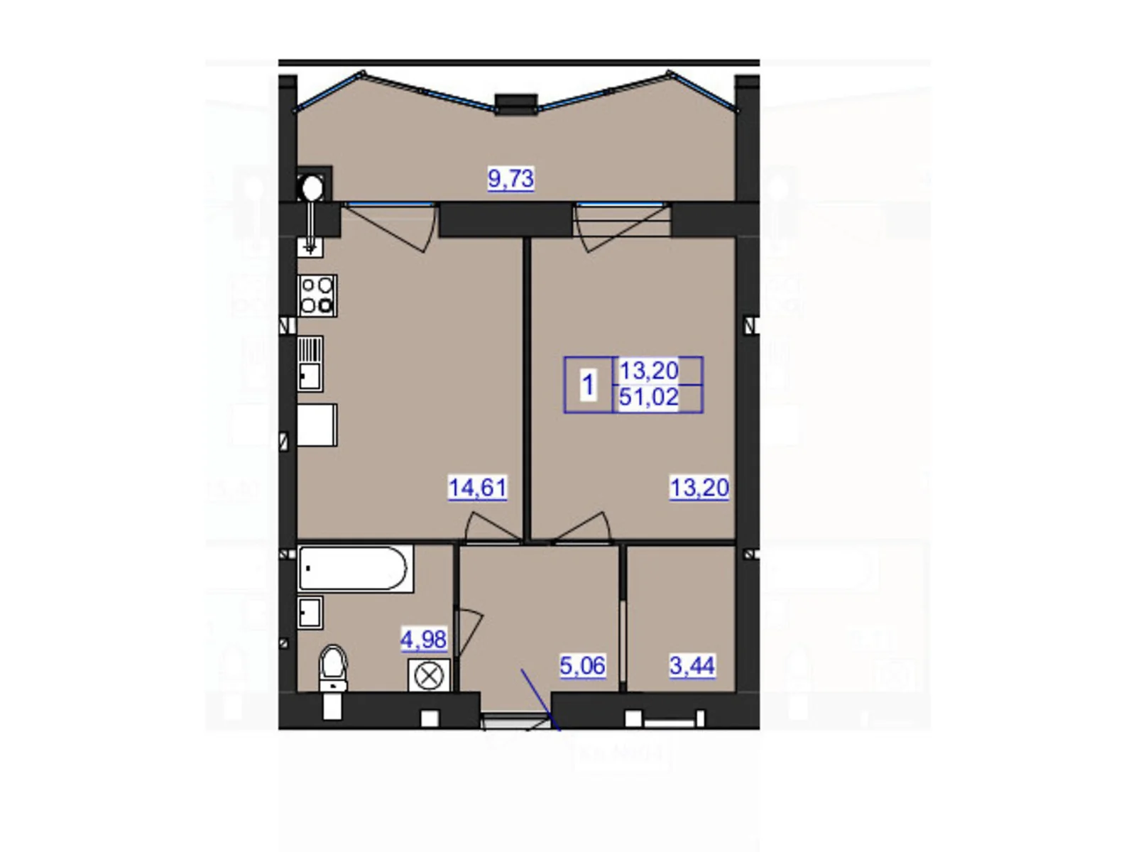 Продается 1-комнатная квартира 51.02 кв. м в Житомире, ул. Святослава Рихтера, 40