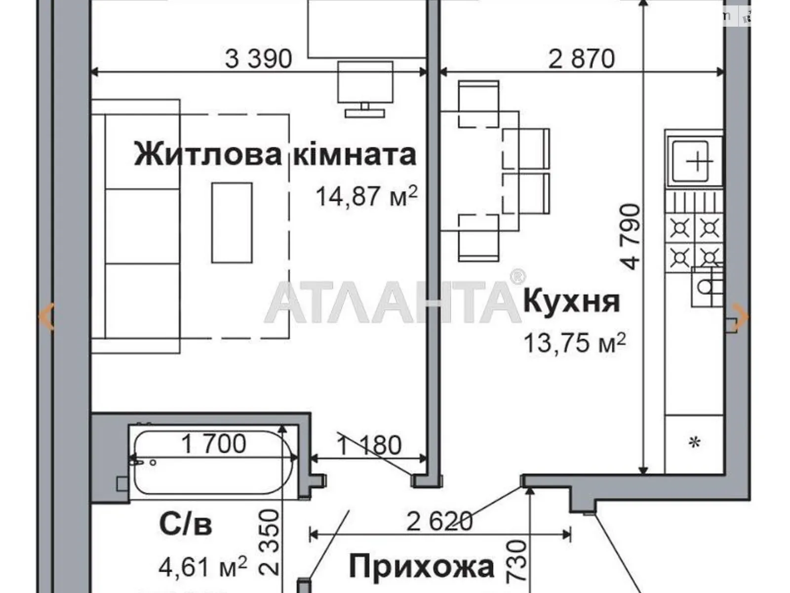 Продается 1-комнатная квартира 37.76 кв. м в Гатном, пер. Грушевского - фото 1