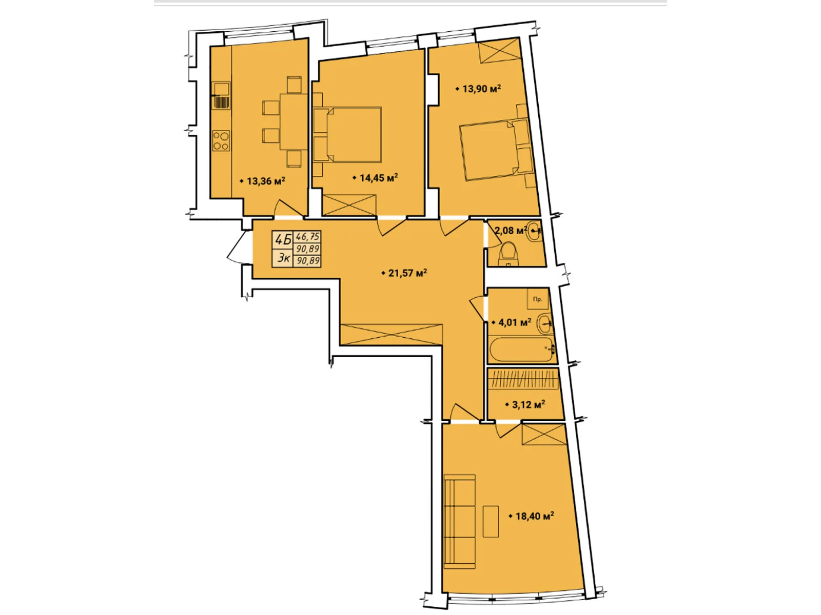 Продается 3-комнатная квартира 89.94 кв. м в Ровно, ул. Галицкого Данилы, 16