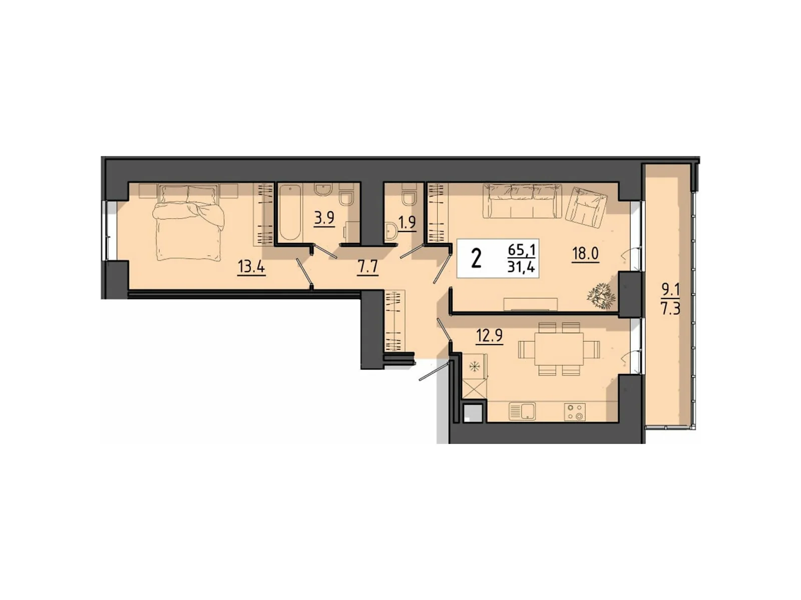 2-комнатная квартира 65.1 кв. м в Тернополе, цена: 42315 $