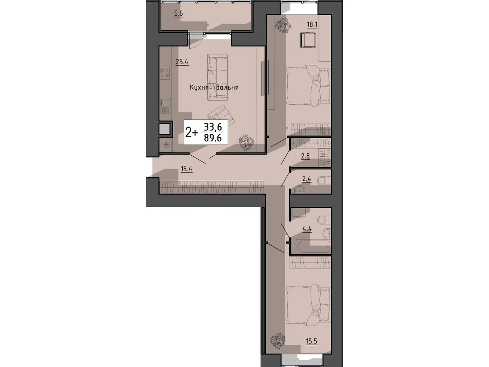 2-комнатная квартира 89.6 кв. м в Тернополе, пер. Тарнавского Мирона Генерала