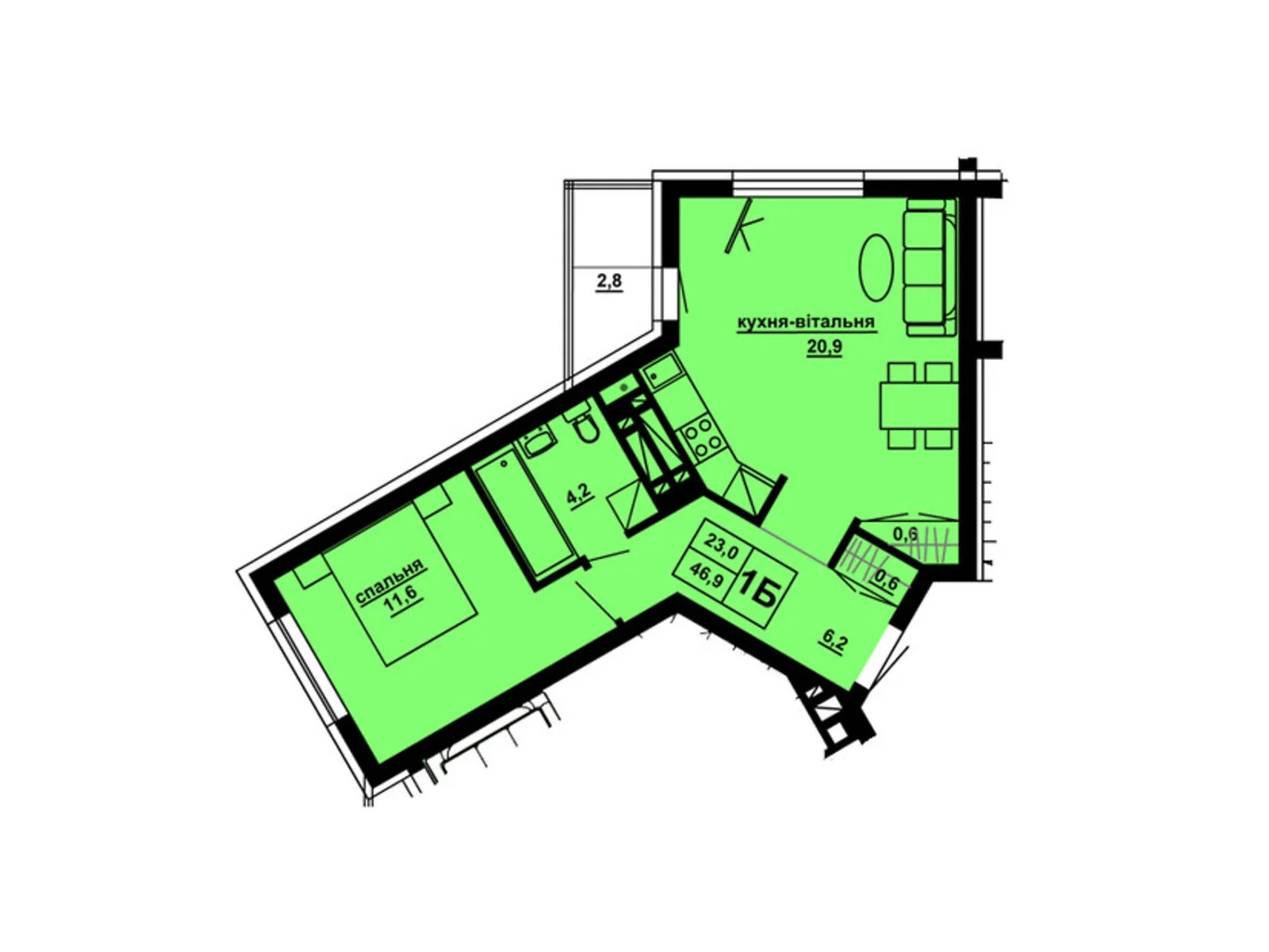 1-комнатная квартира 46.9 кв. м в Тернополе, цена: 29258 $