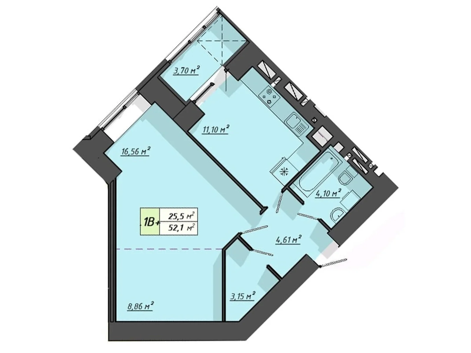 1-комнатная квартира 52.1 кв. м в Тернополе, ул. Львовская, 29