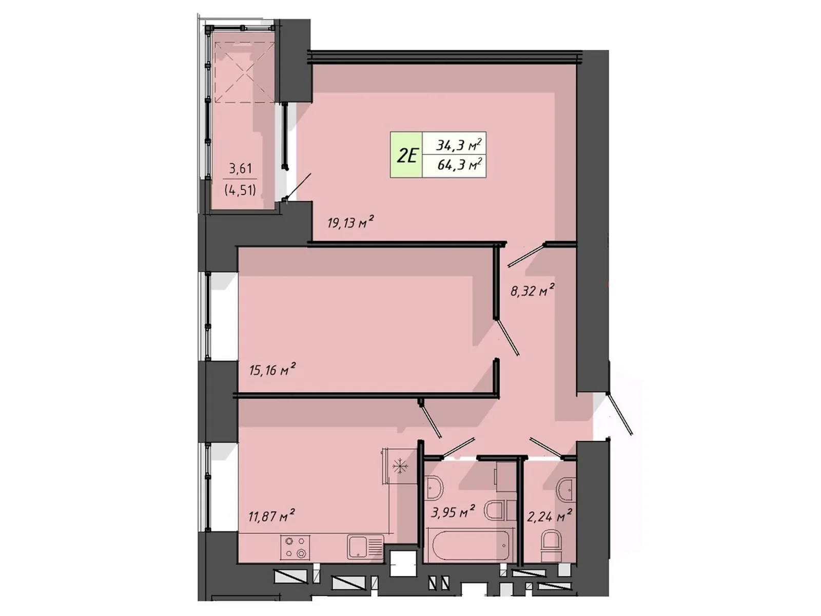 2-комнатная квартира 64.3 кв. м в Тернополе, ул. Львовская, 29