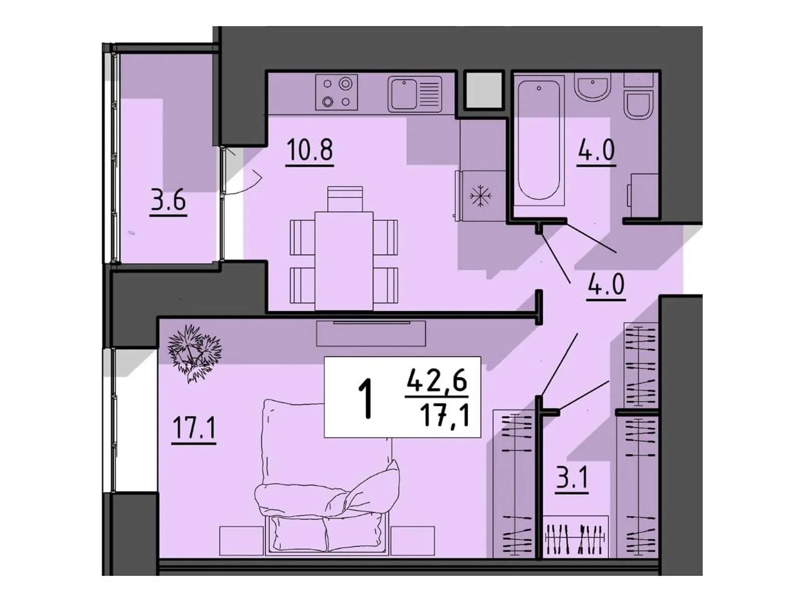 1-комнатная квартира 42.6 кв. м в Тернополе, ул. Тарнавского Мирона Генерала - фото 1