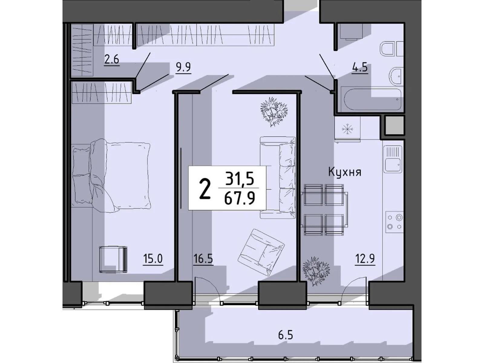 2-кімнатна квартира 67.9 кв. м у Тернополі, вул. Тарнавського Мирона Генерала