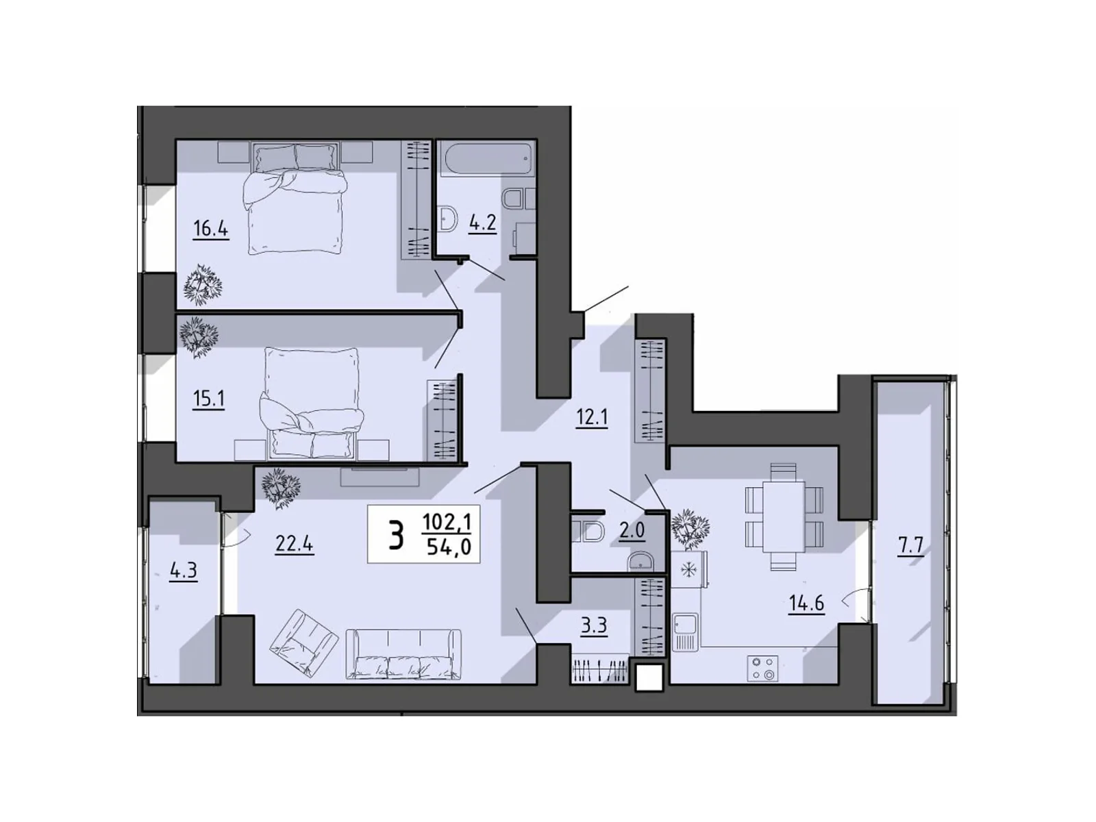 3-комнатная квартира 102.1 кв. м в Тернополе, цена: 64214 $