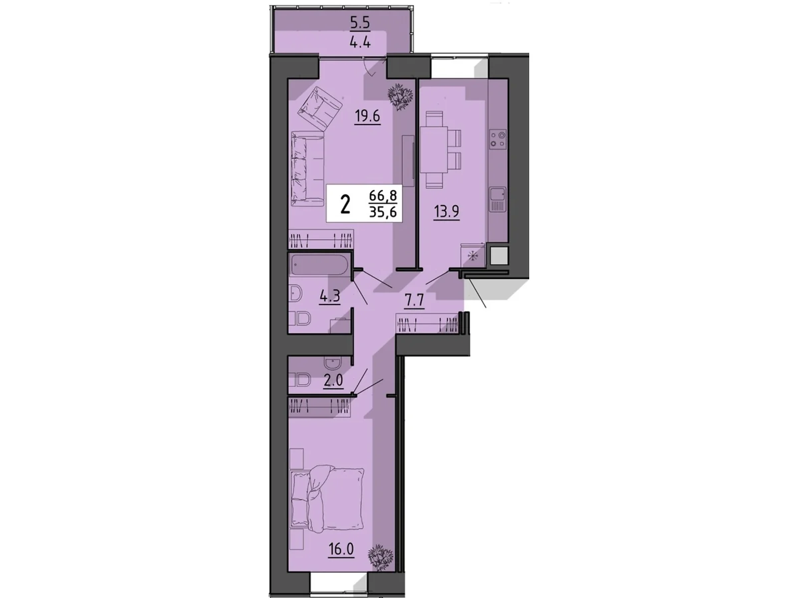 2-комнатная квартира 66.8 кв. м в Тернополе, пер. Тарнавского Мирона Генерала