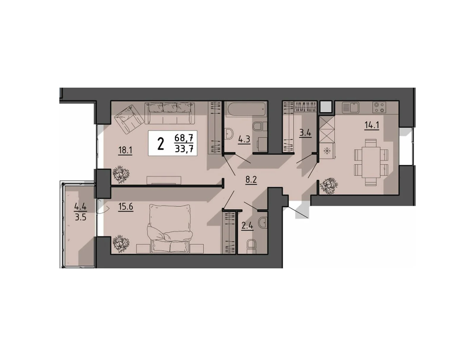 2-комнатная квартира 68.7 кв. м в Тернополе, пер. Тарнавского Мирона Генерала