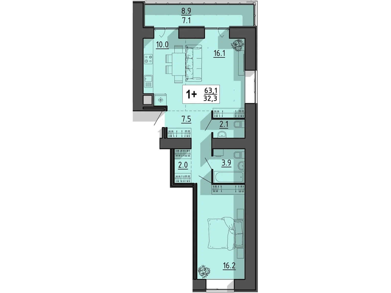 1-комнатная квартира 63.1 кв. м в, цена: 52936 $ - фото 1