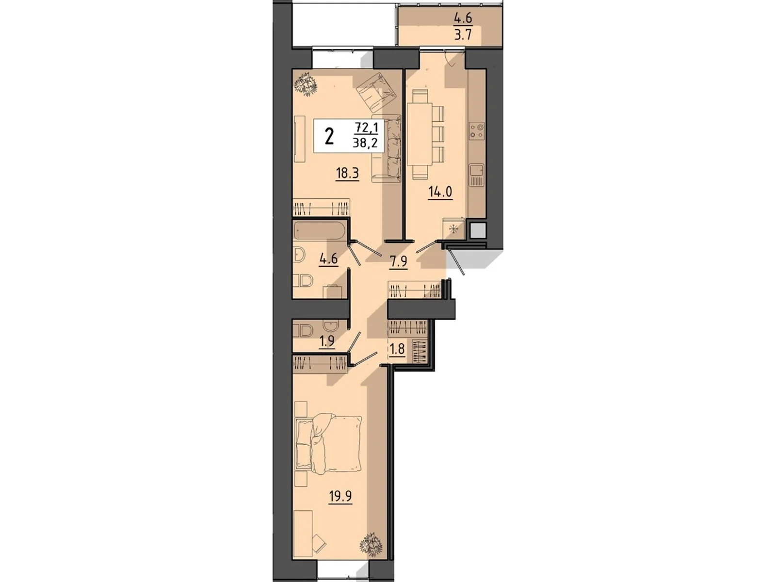 2-комнатная квартира 72.1 кв. м в Тернополе, пер. Тарнавского Мирона Генерала