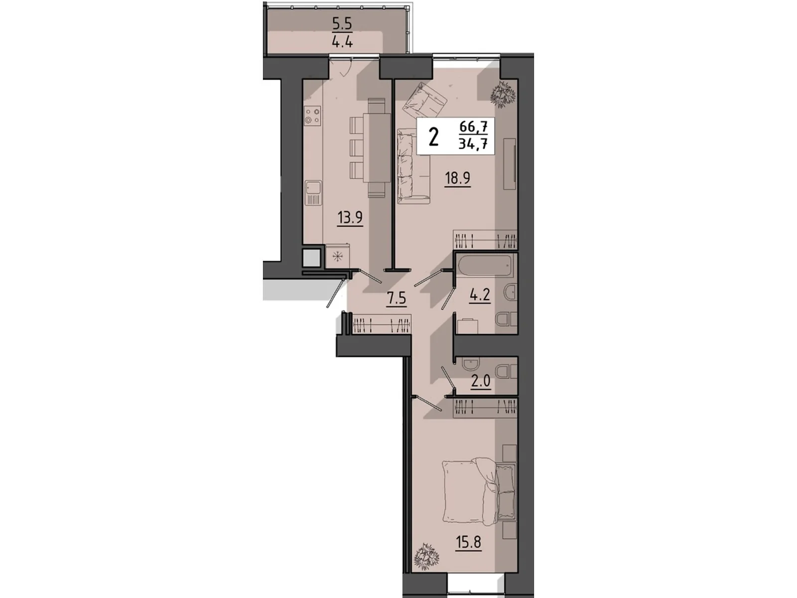 2-комнатная квартира 66.7 кв. м в Тернополе, пер. Тарнавского Мирона Генерала