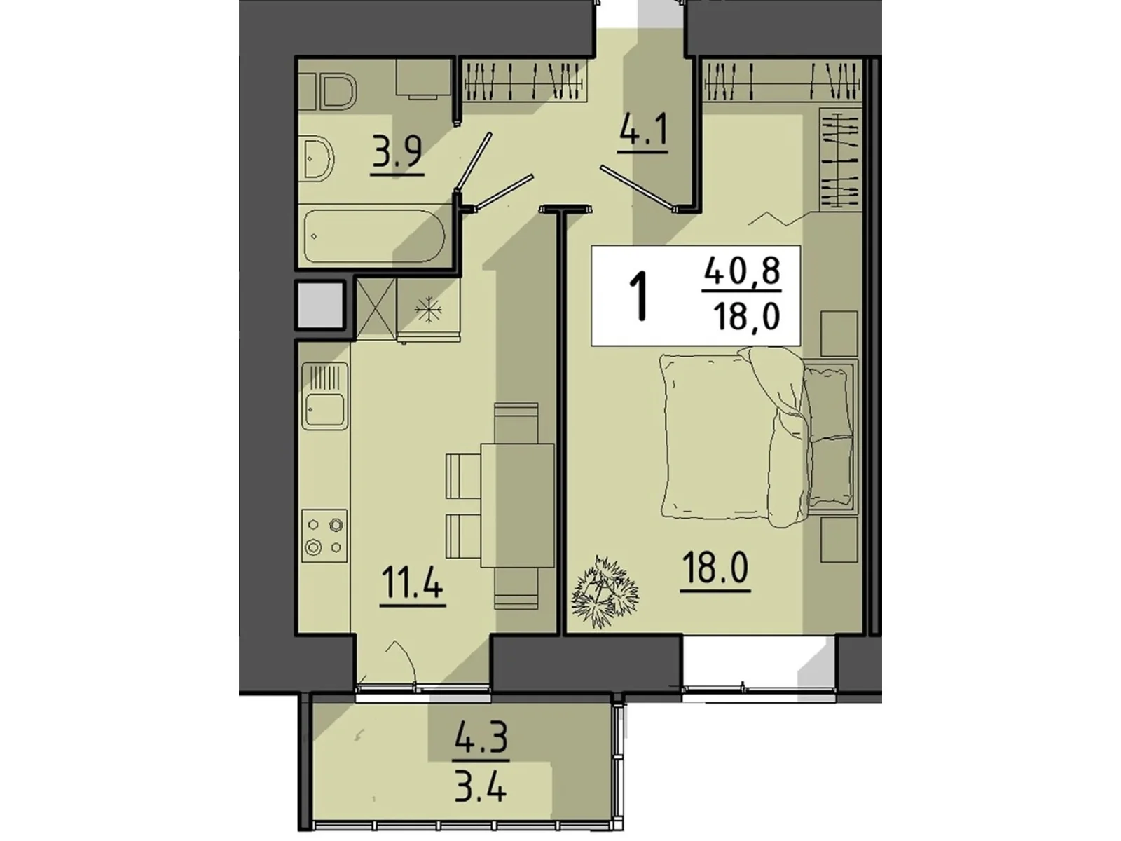 1-комнатная квартира 40.8 кв. м в Тернополе, пер. Тарнавского Мирона Генерала