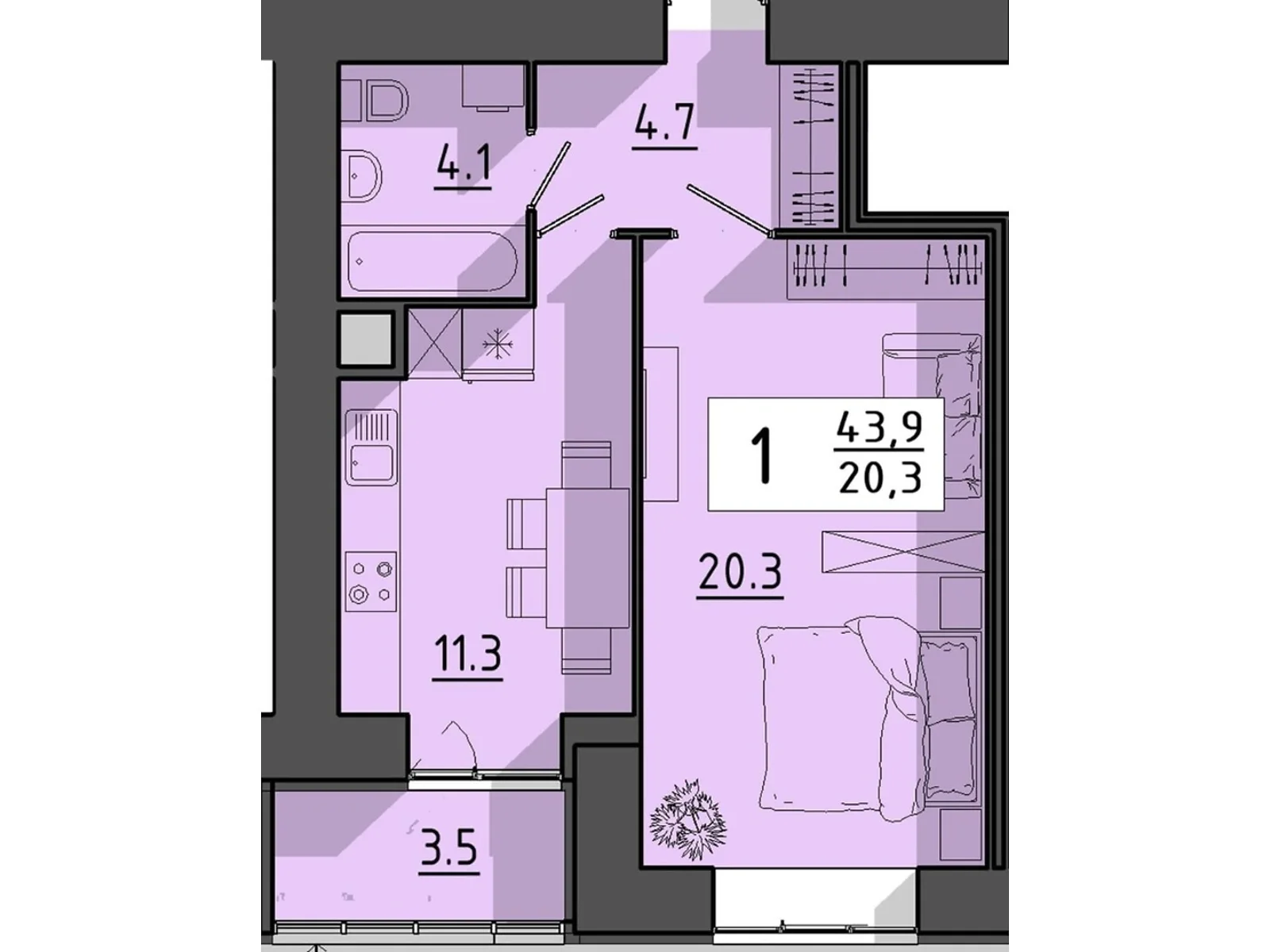 1-комнатная квартира 43.9 кв. м в Тернополе, пер. Тарнавского Мирона Генерала