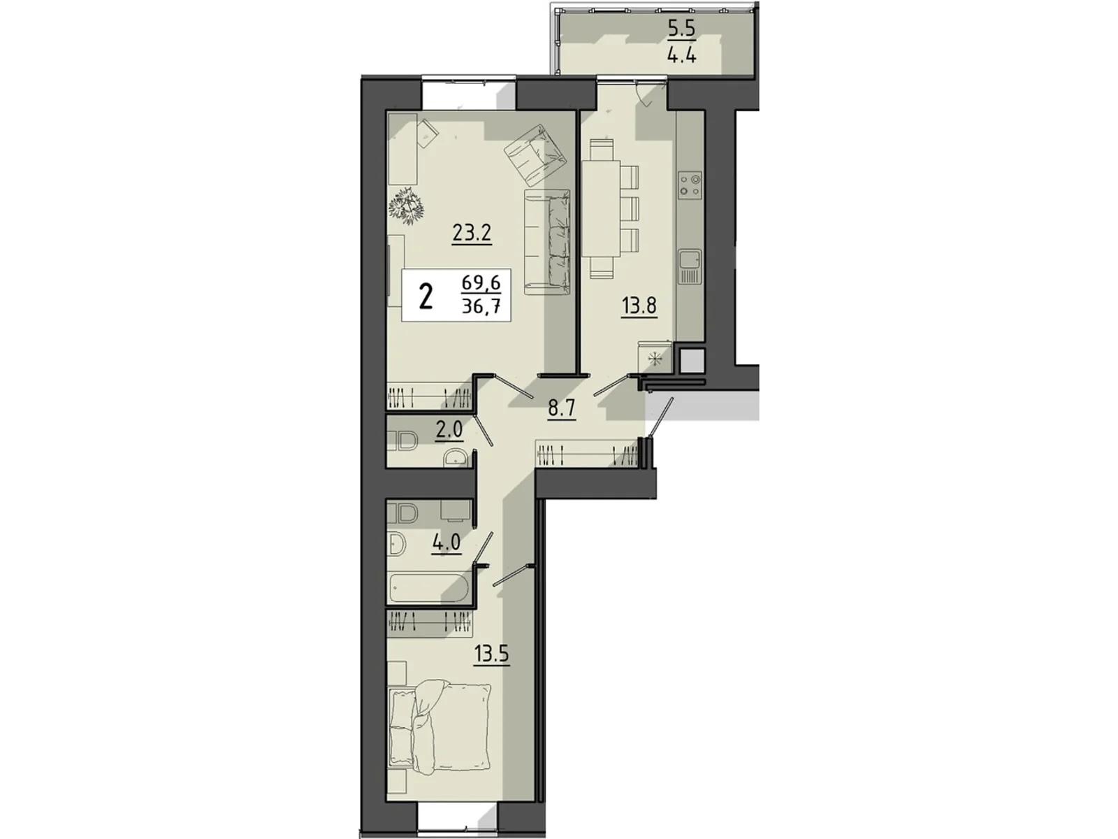 2-комнатная квартира 69.6 кв. м в Тернополе, пер. Тарнавского Мирона Генерала