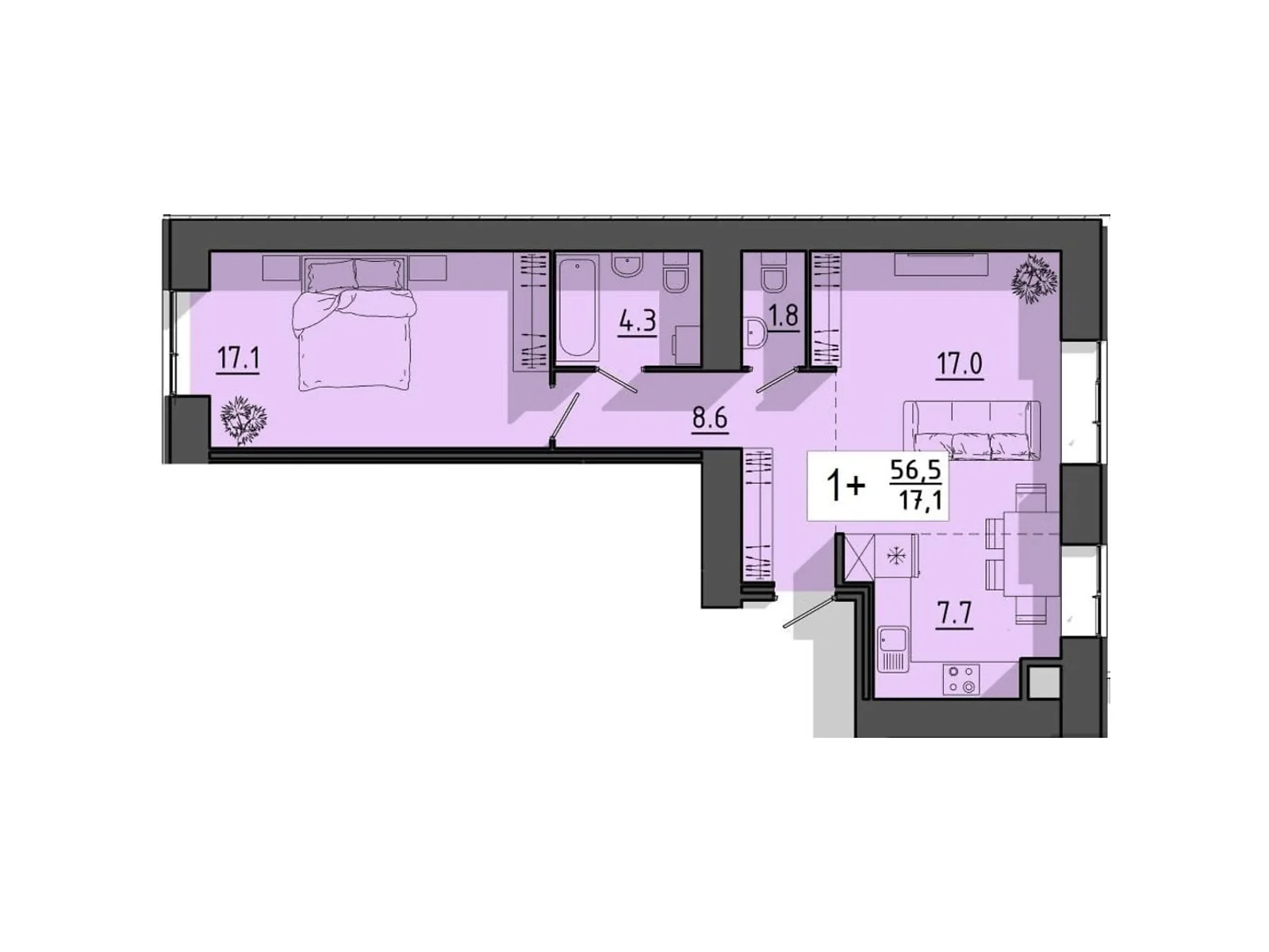 1-комнатная квартира 56.5 кв. м в Тернополе, ул. Тарнавского Мирона Генерала - фото 1