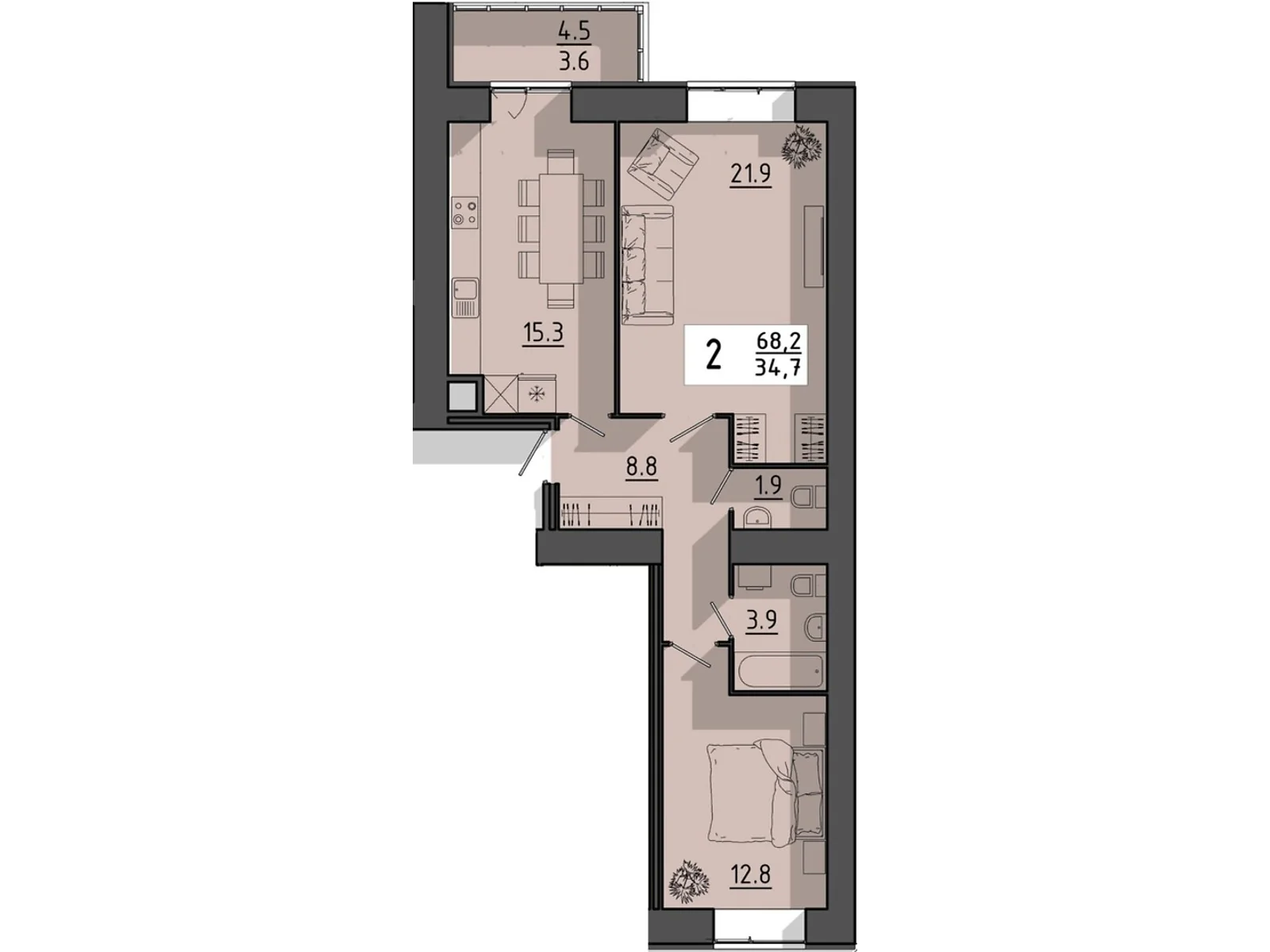 2-комнатная квартира 68.2 кв. м в Тернополе, пер. Тарнавского Мирона Генерала