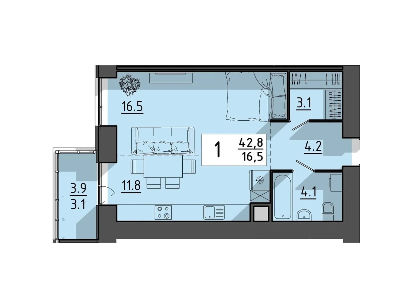 1-комнатная квартира 42.8 кв. м в Тернополе, пер. Тарнавского Мирона Генерала